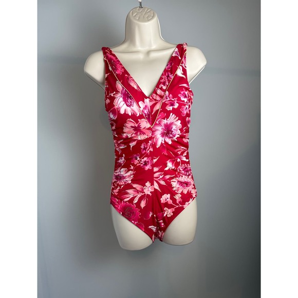 Vintage‎ Gabar One Piece Swimsuit Red/Pink Floral with Gold Accent Pre-owned - Picture 1 of 7
